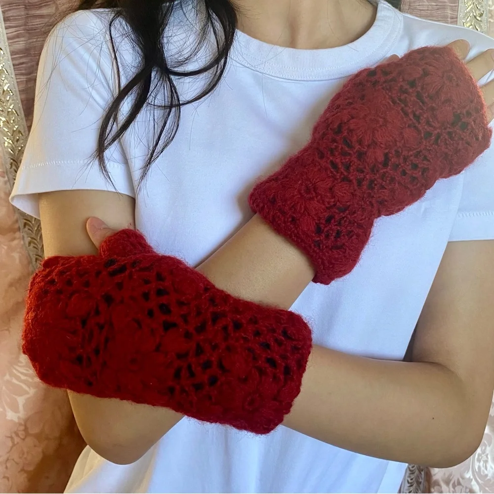 Pure Wool Hand Crochet Fingerless Gloves Lined